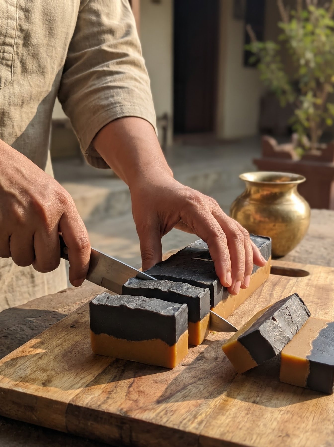 Do layers wale soap ke block ko bars mein kaat-te hue haath